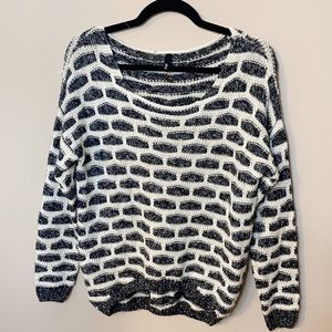 Navy and white patterned knit crew neck sweater